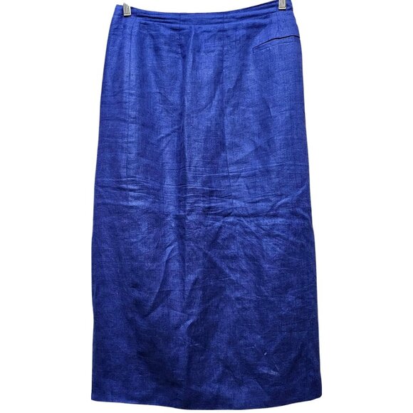 Vintage David N. Blue Linen Midi Skirt With Side Button Detail & Slit - Picture 2 of 9